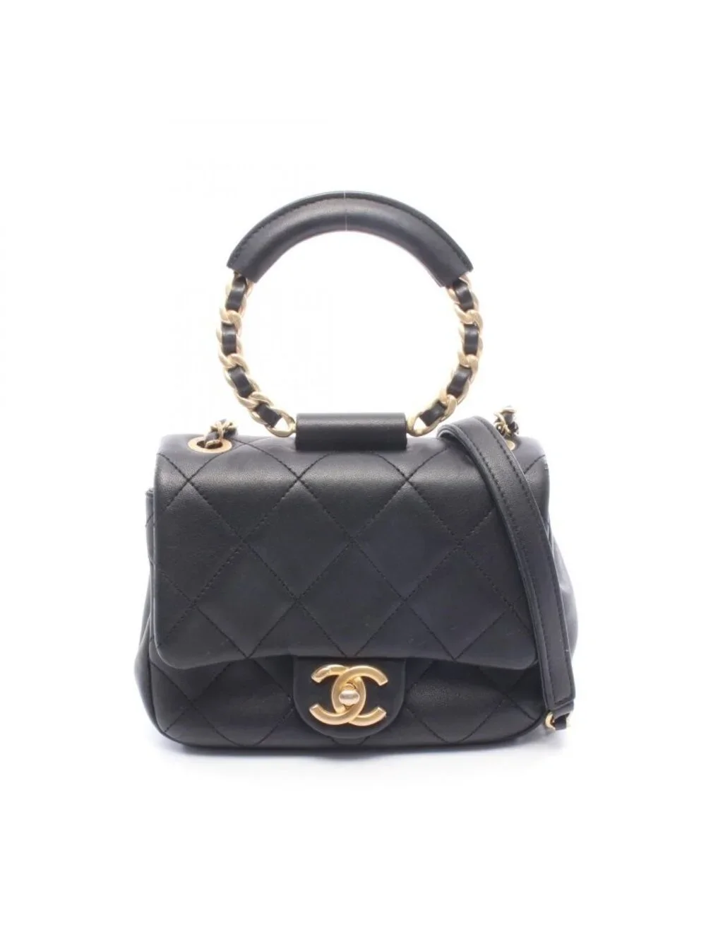 Chanel Shoulder Bag Quilted Loophandle Black Lambskin 2-Way Chain